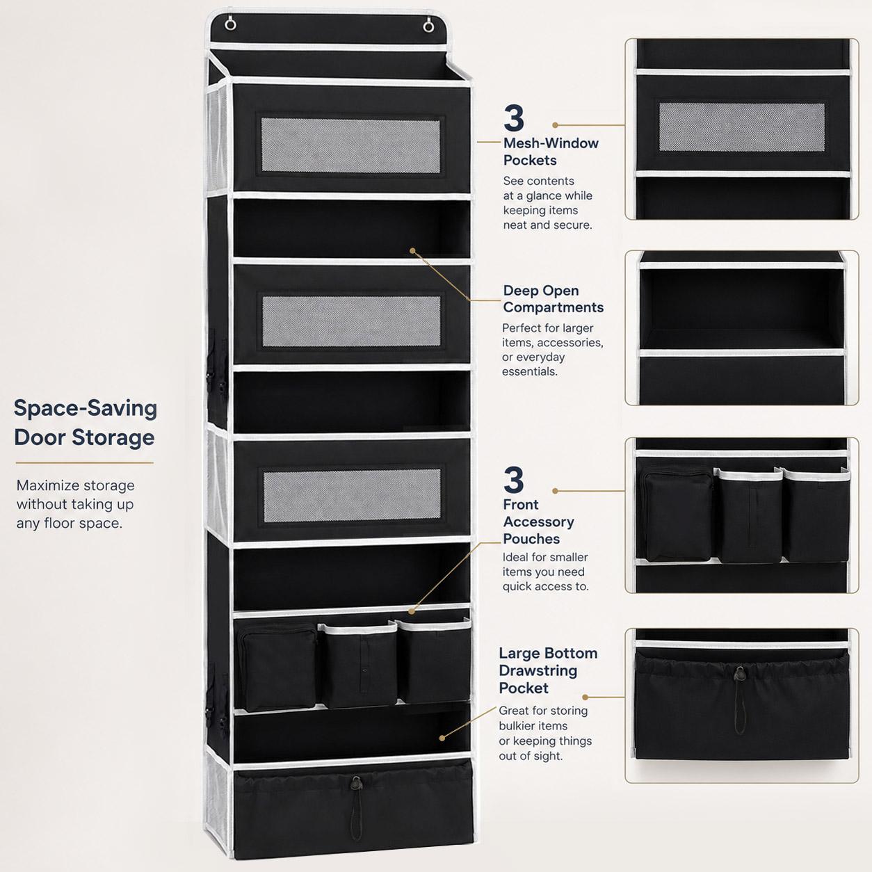 1 Pack Over The Door Organizer Storage Hanging Organizer Closet with 5 Large Pockets 6 Mesh Pockets 50 lbs Weight Capacity Behind Door Storage for Closet Nursery Bedroom Bathroom (Black)