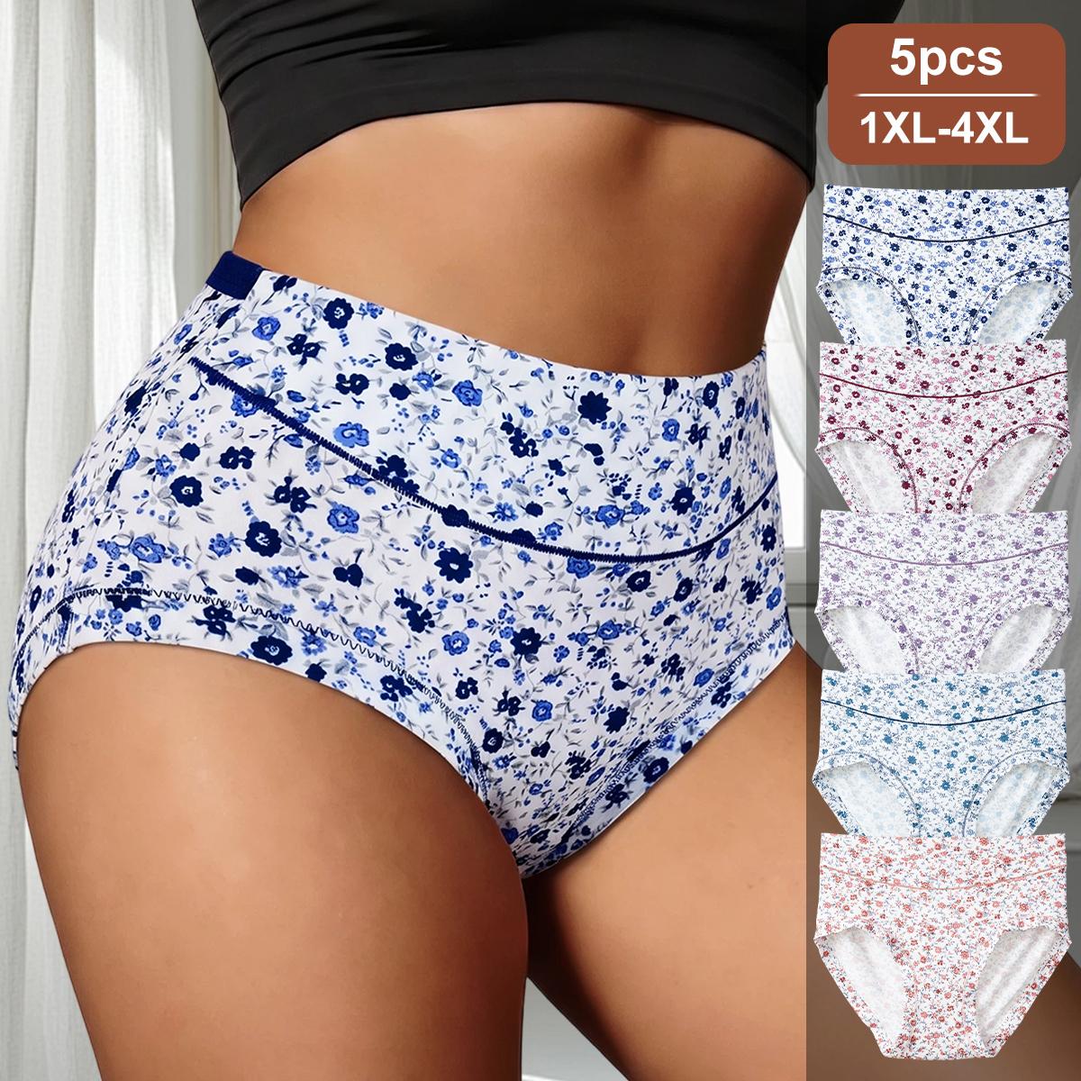 QUASTI Plus Size 5-Pack High Waisted Panties for Women, Printed Seamless Invisible No Panty Lines Briefs, Cool Summer Briefs with Colorful Floral Print, Stretch Soft Daily Underwear, 1XL-4XL