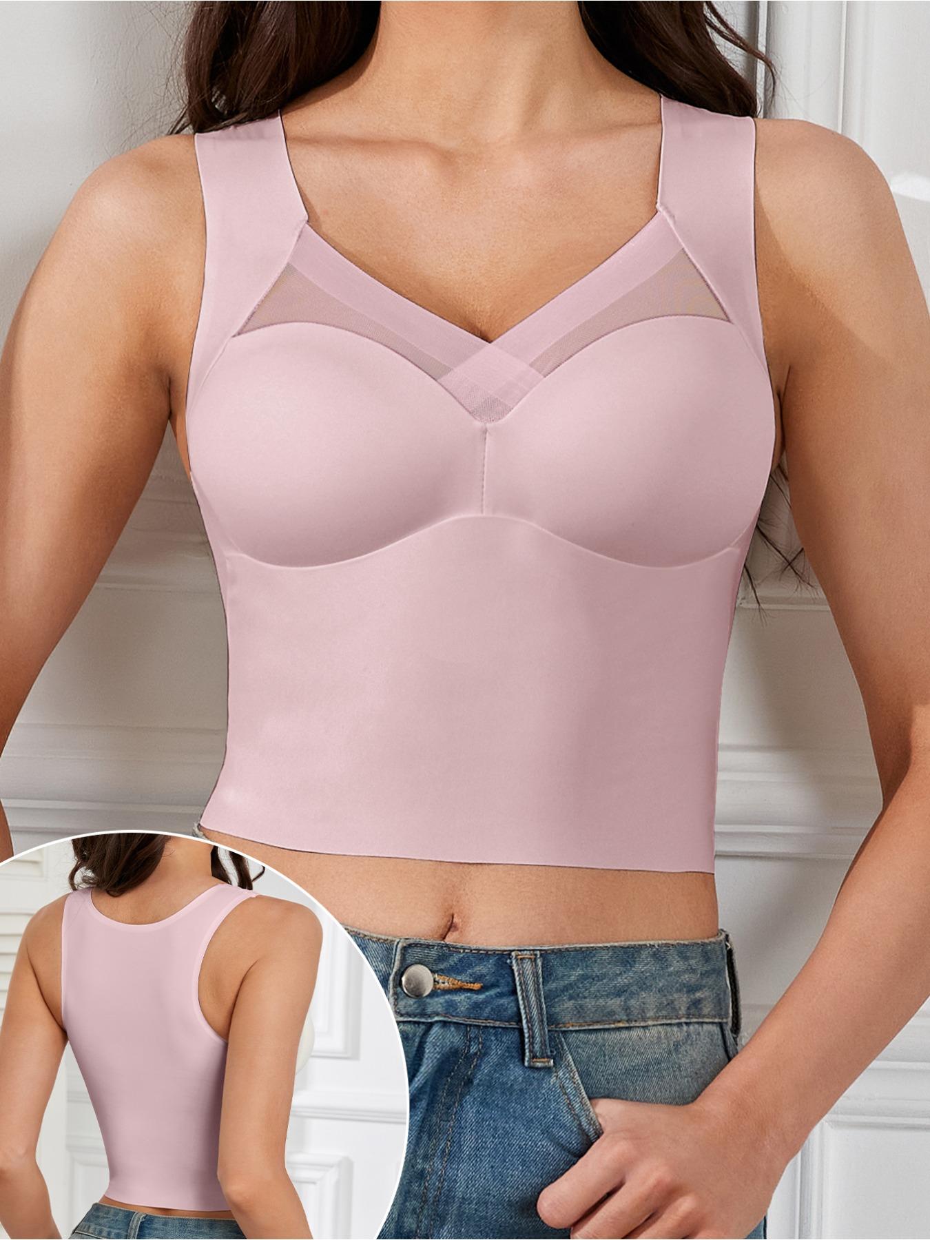 1/5PCS Women's Seamless Wireless Bra, Full Coverage Plunge Design, Medium Support, Contrast Mesh Lining, Casual Daily Wear, Perfect for Dates & Parties,Christmas gifts, Valentine's Day gifts