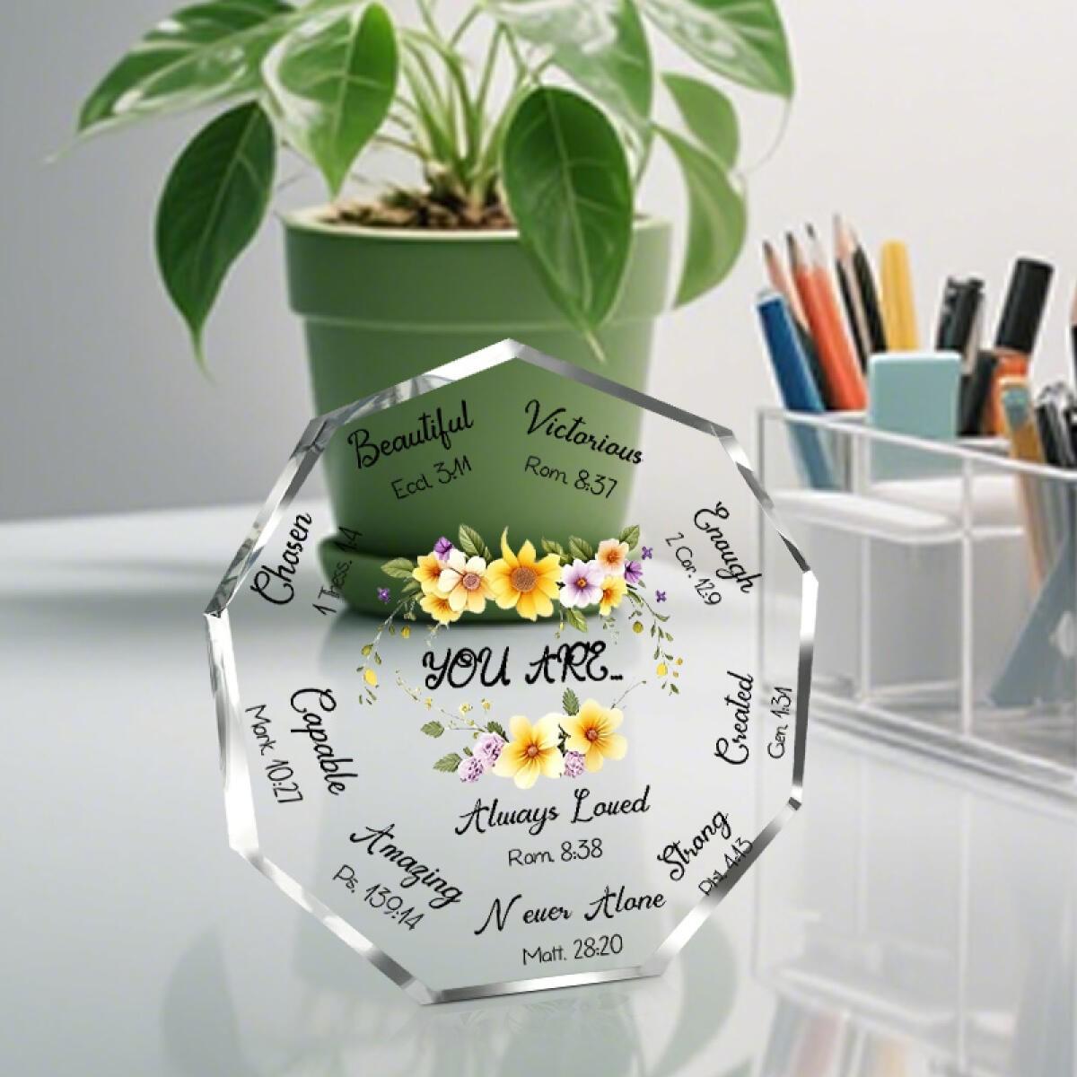 2pcs/set Christian Sunflower Scripture Octagonal Desktop Decoration + Yellow Tassel Bookmark, Fresh Watercolor Floral Style Ornament, Suitable for Desk, Church, Home ＆ Office Decoration, Warm Gift for Christians