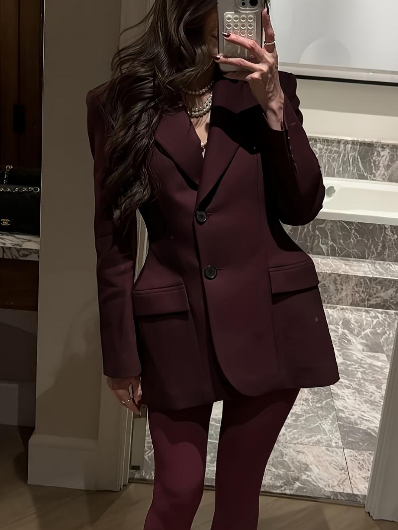 Vintage Wine Classic Collar Blazer Jacket, Elegant Fitted Design, Spring & Fall Fashion, Plain Pattern, Women's Outerwear
