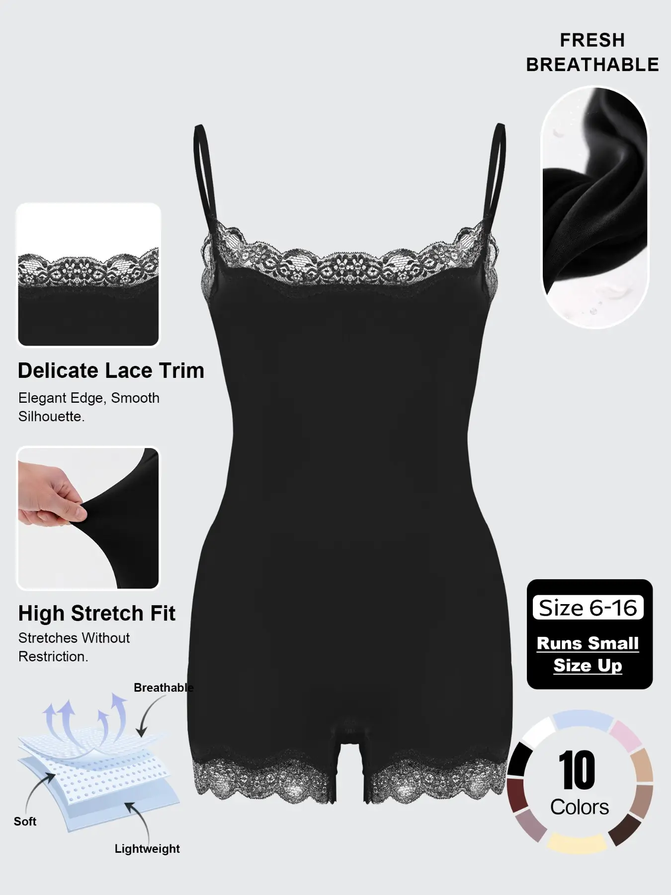 Series Women's Spaghetti Strap Lace Trim Breathable Playsuit, Solid Color Slim-Fitting Chic Playsuit, Seamless Sport & Outdoor Clothing, Summer Jumpsuits, Tight Fitting Jumpsuit