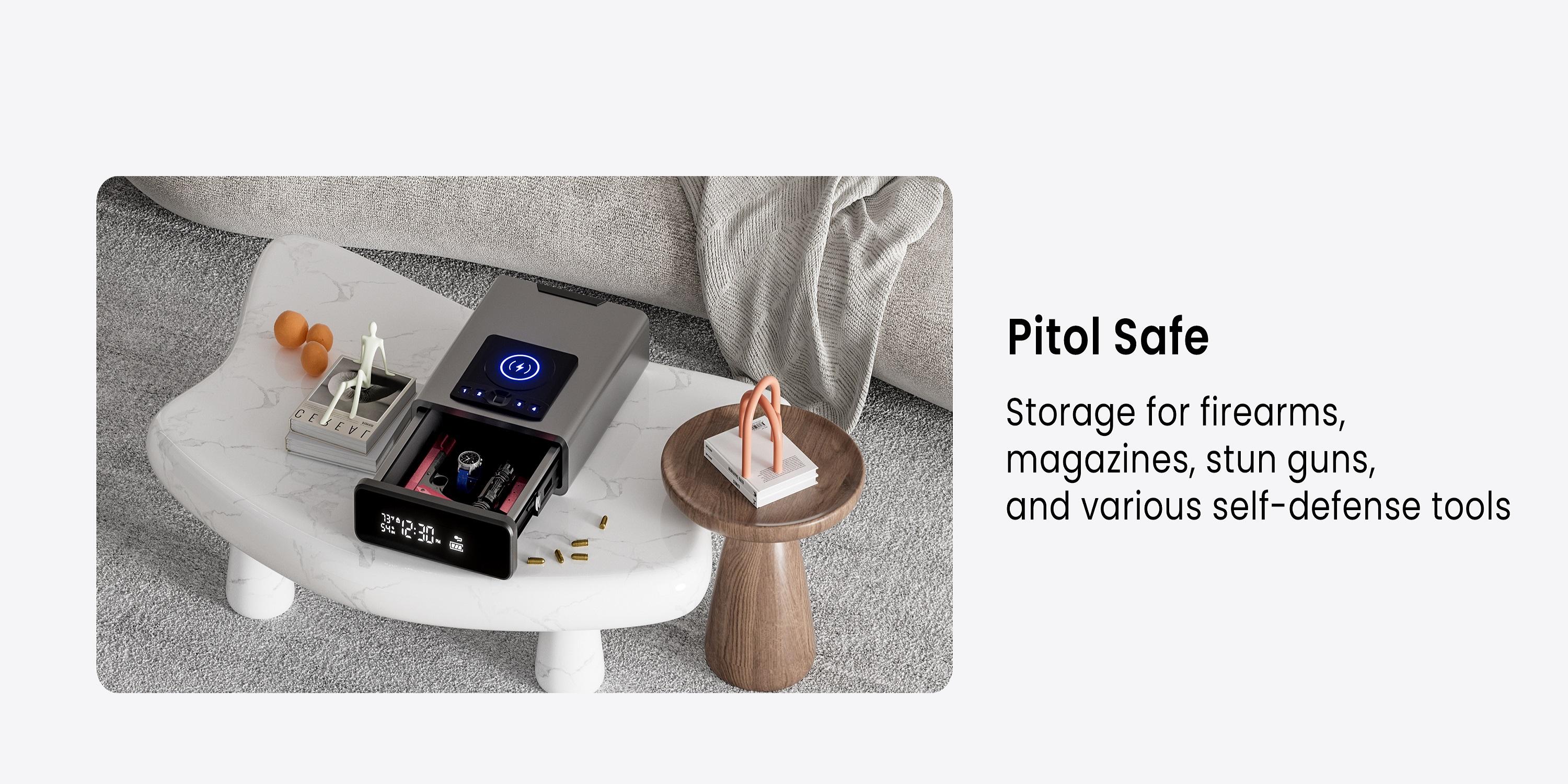 Grimtron Biometric Safe with LED Clock (Doj Certified)with 2-in-1 Watch & Phone Wireless Charging, BacklitKeypad, LED Light, Desk Nightstand Auto Pop-up Unlock(0.23 cu.ft.) Version 2.0