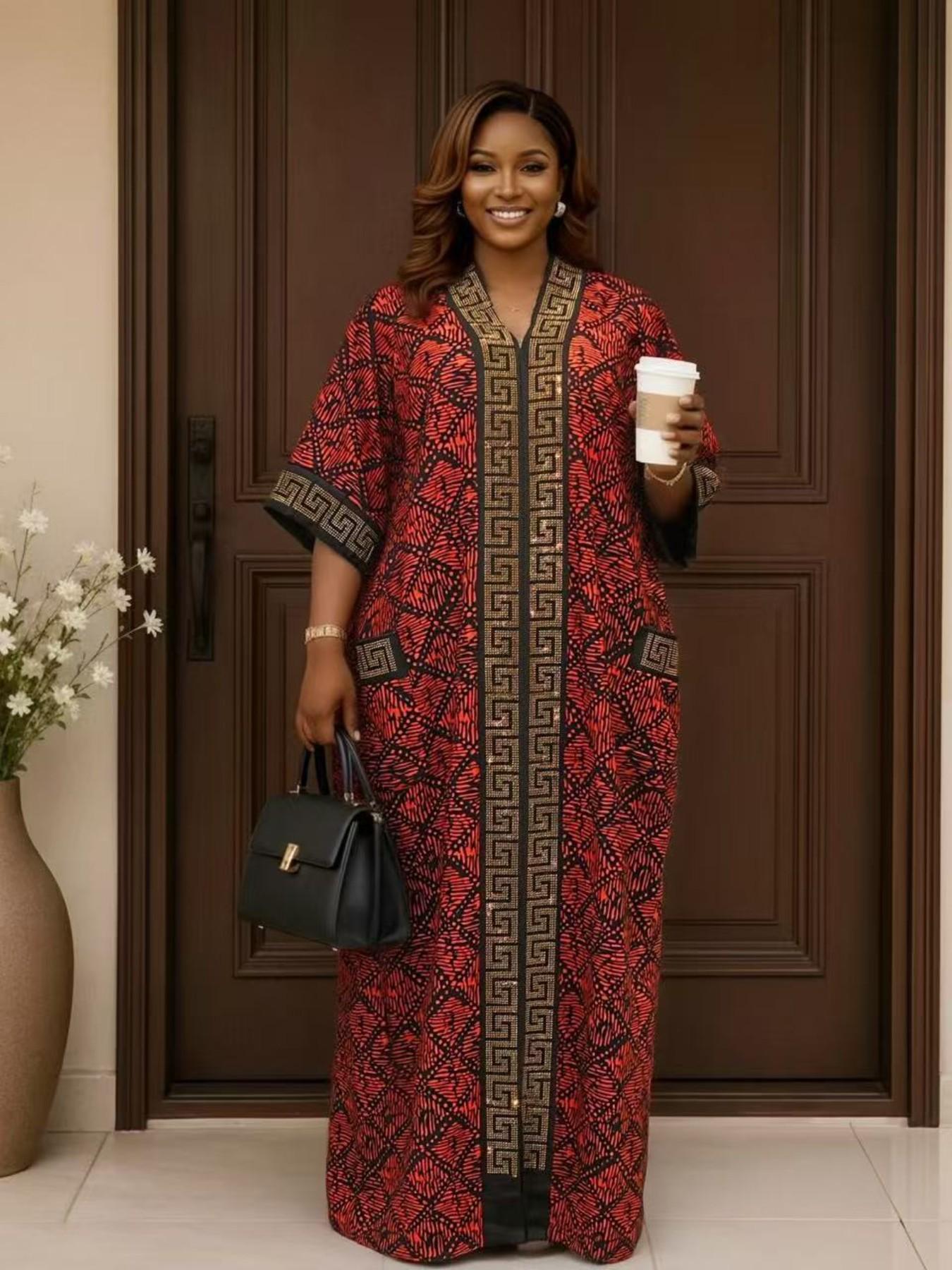 Hot selling plus size loose ethnic women's boubou kaftan high-end hot stamping printing V-neck short sleeved summer casual daily slimming retro party dress
