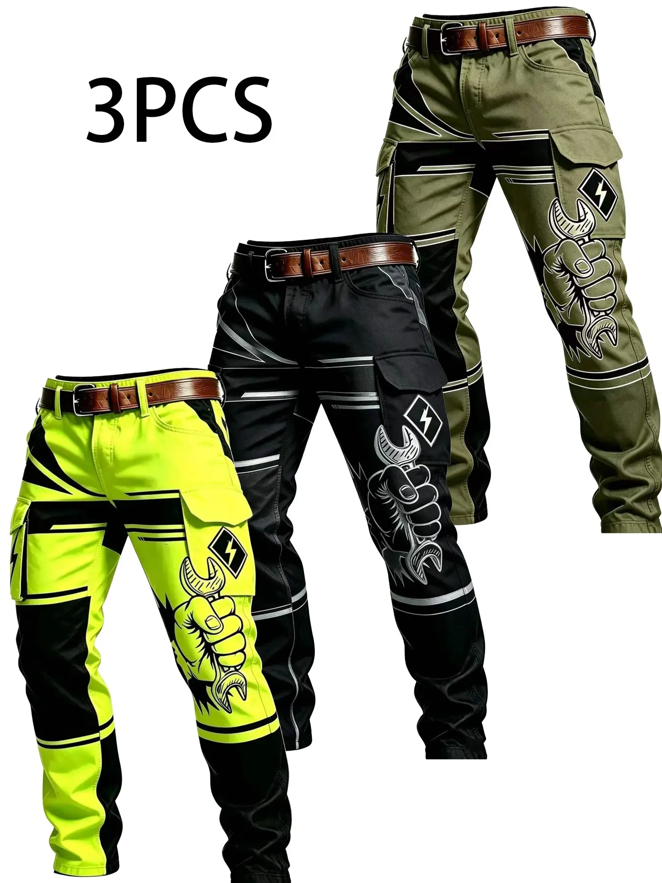 3-Pack Men's Fluorescent Colorblock Motorcycle Motocross Work Pants, Multi-Pocket Durable Riding Tactical Long Pants, Casual Slim-Fit Ankle-Length