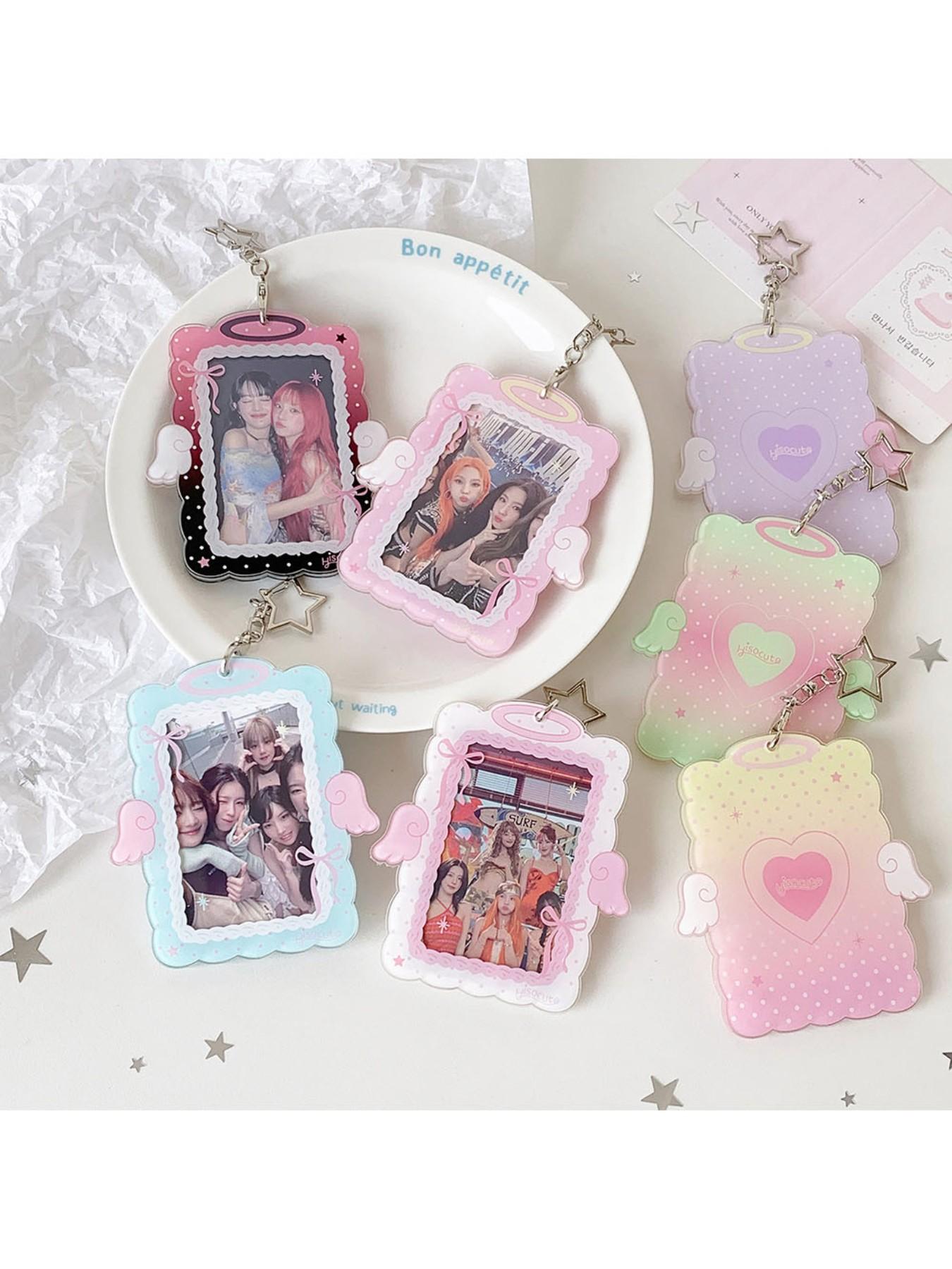 Sweet Girl 3 Inch Angel Wings Keychain Card Holder, Student Hollow Out Visible Small Card Display Case, Idol Fan Accessory, Id Holders For Badges, Id Badge Holder, Badge Accessories