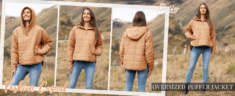 SCUSTY Women's Oversized Puffer Jacket TikTokShopBlackFriday Quilted Light Weight Pullover Hooded Padded Hoodies Winter Warm Long Sleeve Coat