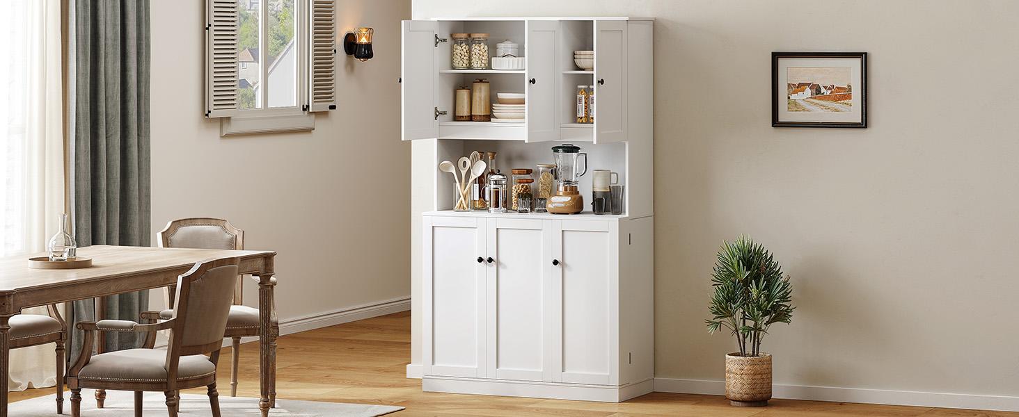 【SPOTLIGHT DAY】ONBRILL 71" Tall Kitchen Pantry Storage Cabinet with Microwave Stand & Door Shelf, Freestanding Kitchen Hutch with 6 Doors and Adjustable Shelves, Modern Food Pantry for Kitchen, Dining Room