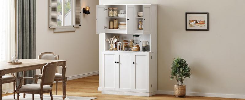 【Valentine's Day gift】ONBRILL 71" Tall Kitchen Pantry Storage Cabinet with Microwave Stand & Door Shelf, Freestanding Kitchen Hutch with 6 Doors and Adjustable Shelves, Modern Food Pantry for Kitchen, Dining Room