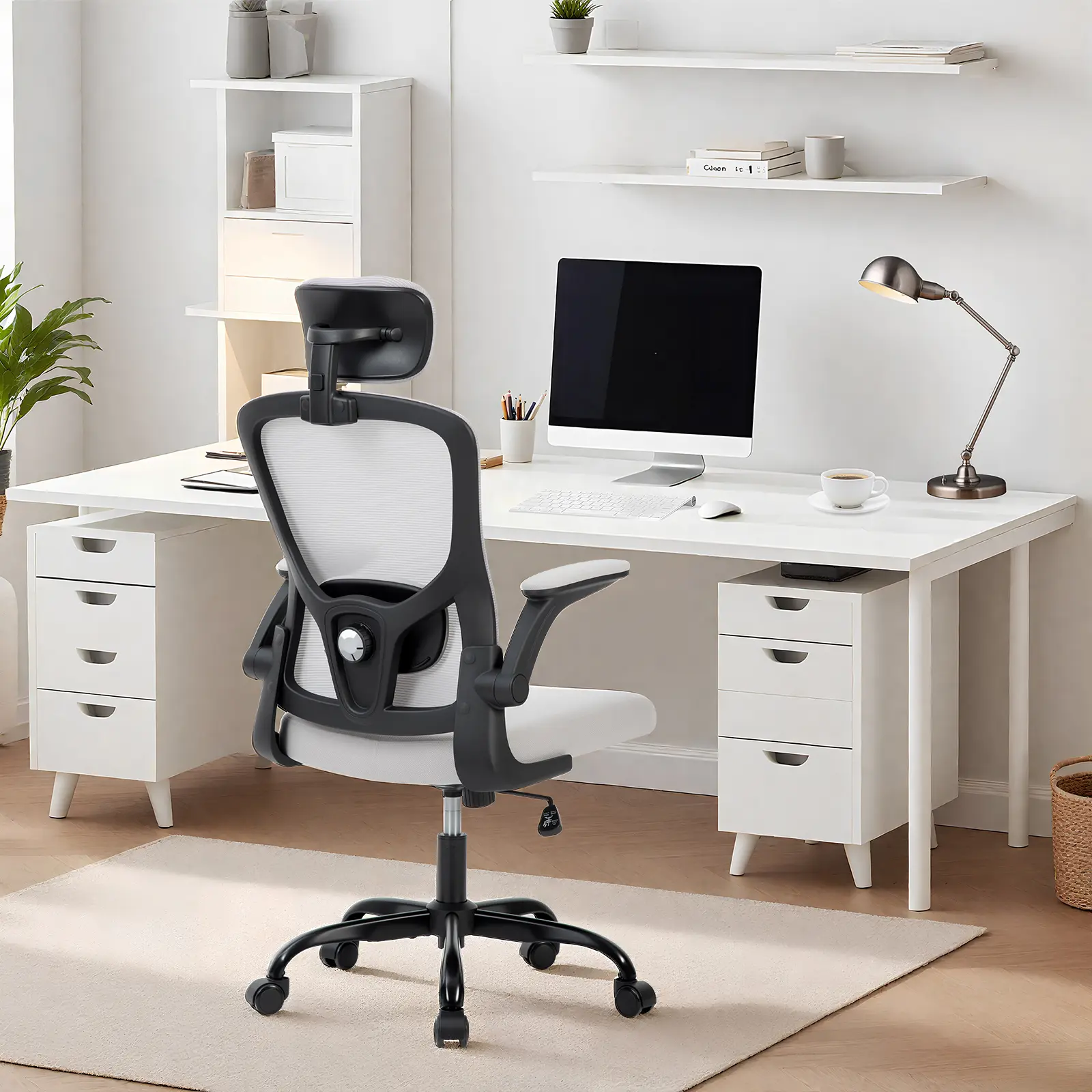 Ergonomic High‑Back Mesh Executive Office Chair, Adjustable Flip‑Up Arms, 2D Headrest & Lumbar Support, Reclining Swivel Design, Silent Casters, Skin‑Friendly Durable Material for Home Office, Dorm & Small Spaces