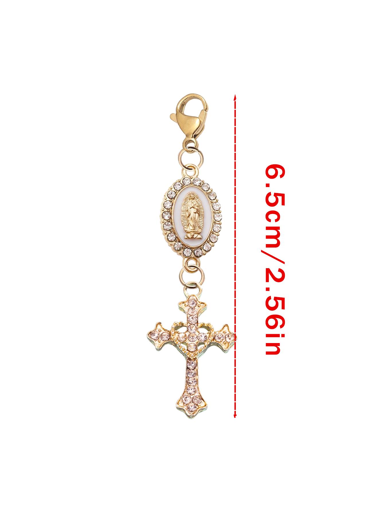 Christian Amulet Keychain With Love And Rhinestone Cross, Pendant Decorated With The Virgin Mary, Pearl And Diamond Amulet - Gothic Cross Keychain, Keychain For Bags, Bag Amulet, Cross Pendant, Decorative Wallet Backpack Accessories