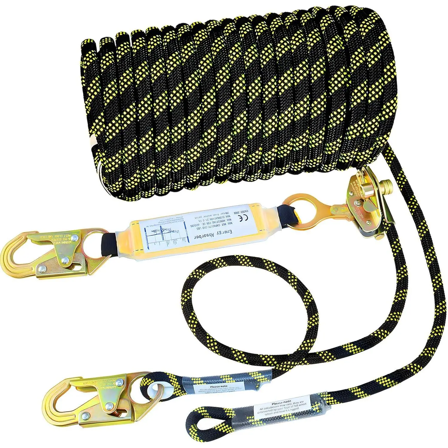 50FT Fall Protection Safety Rope, Heavy Duty Vertical Roofing Rope |   Rope Harness Safety Lanyard with Grab Snap Hooks and Shock Absorber, Safety Equipment for Roofing, Tree Climbing Line Kit