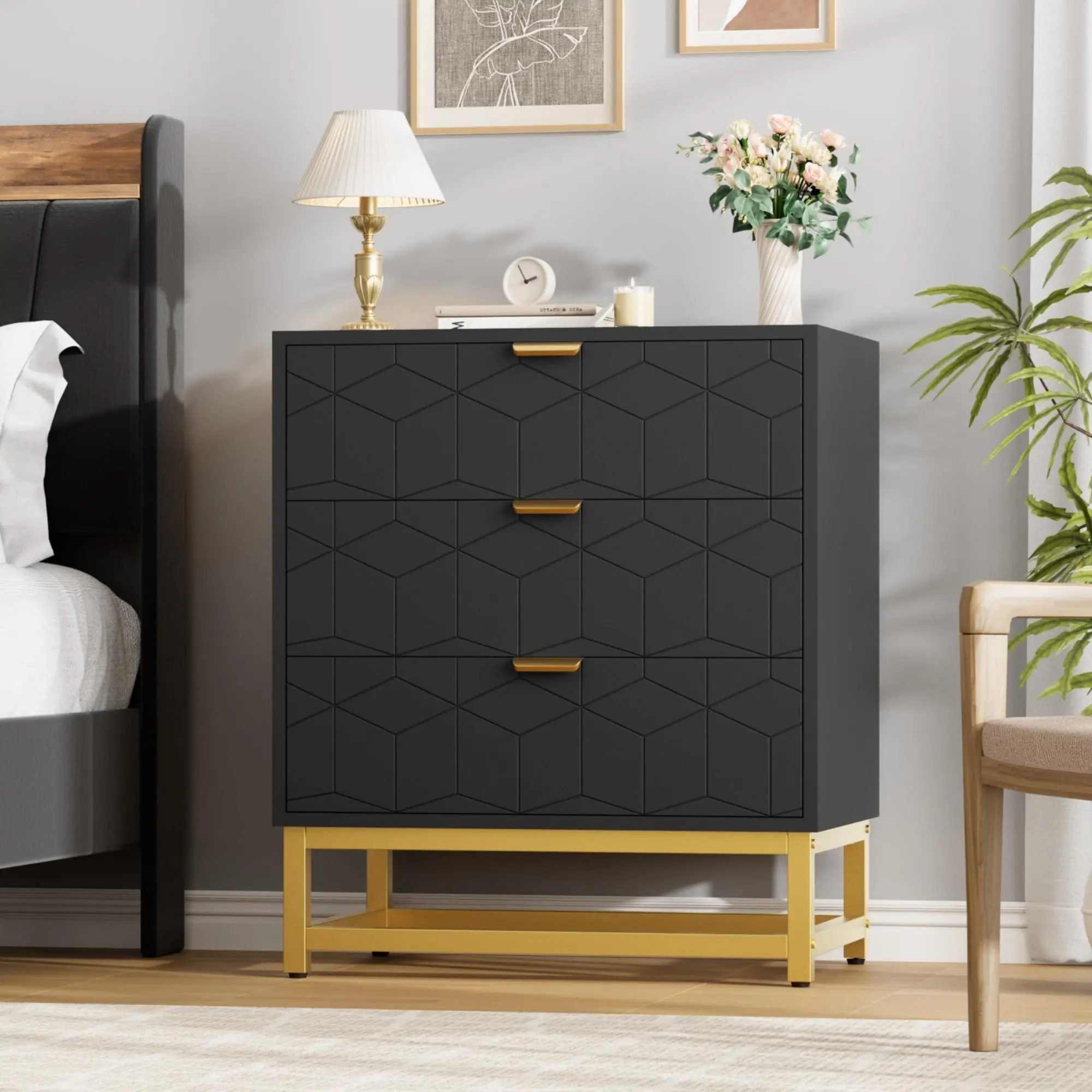 GARVEE 3 Drawer Dresser in Black with Gold Handles - Modern Wood Chest for Bedroom, Closet Storage, and Bedside Nightstand