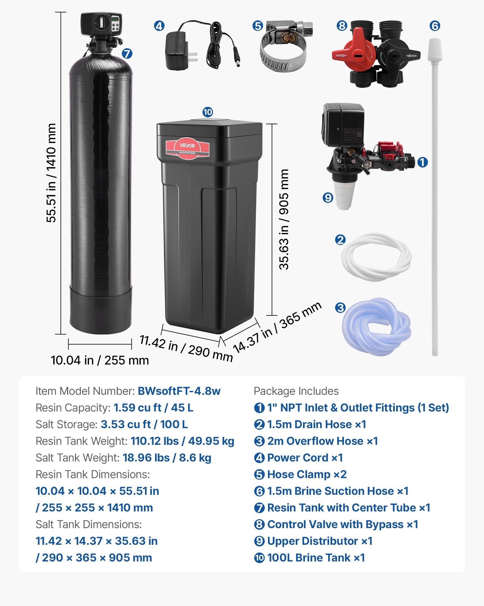 VEVOR Water Softener, 48, 000 Grains Whole House Water Softener System, with Automatic Digital Control Head, Bypass Valve, Reduce Hardness and Minerals, Improve Water Quality, for 3-4 Bathrooms