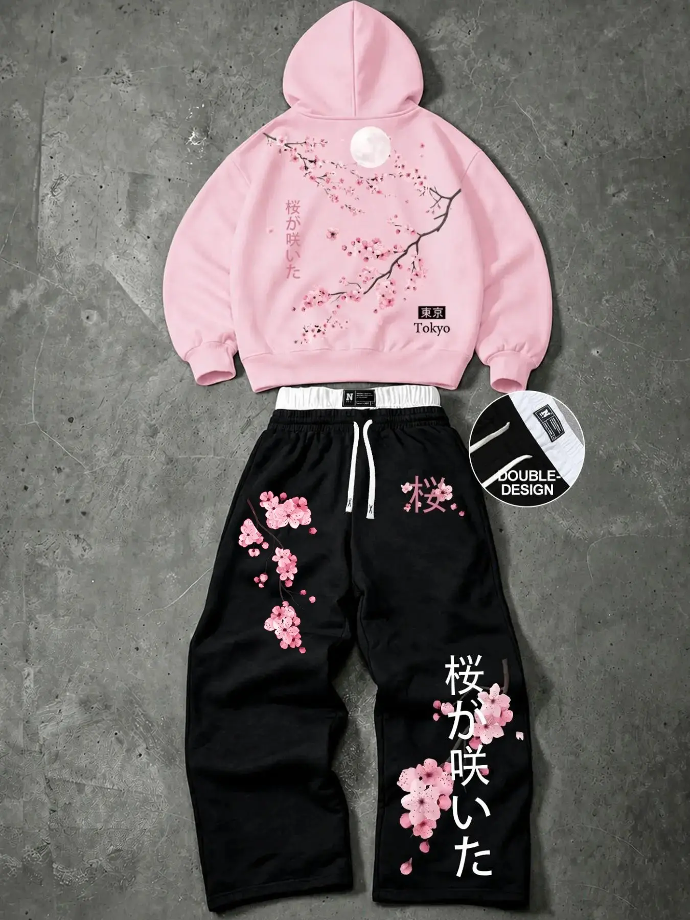 Y2K Floral Cherry Blossom Hoodie Set Long Sleeves, 2 Piece Oversized Baggy Sweatpants, Men Women Streetwear Athleisure, Casual Daily Wear