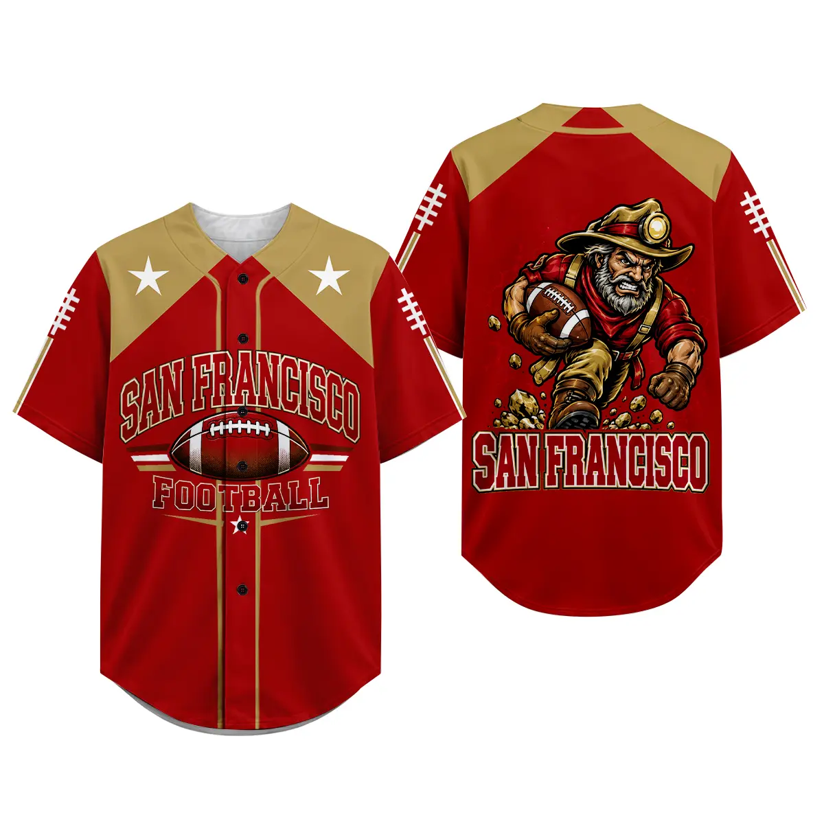 San Francisco Football Baseball Jersey Shirt for Men Women, Unisex Button Down Short Sleeve Sports Jersey, Red Gold Game Day Outfit, Vintage Football Graphic Top, Casual Streetwear Fan Apparel, Tailgate Party Shirt, Stadium Wear, Holiday Gift for Football