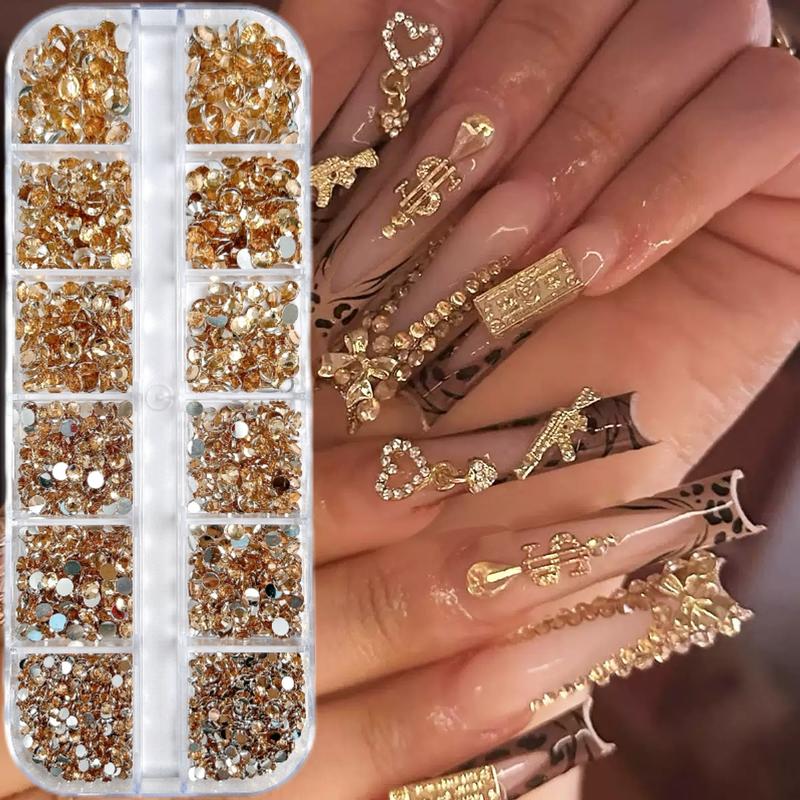 1 Box MultiSized Semi-circular Rhinestones Nail Charms Sparkling Champagne Color Flat Bottomed Resin Diamond Nails for Women DIY Pen Headphones Shoes Nail Art Bling Rhinestone Decoration