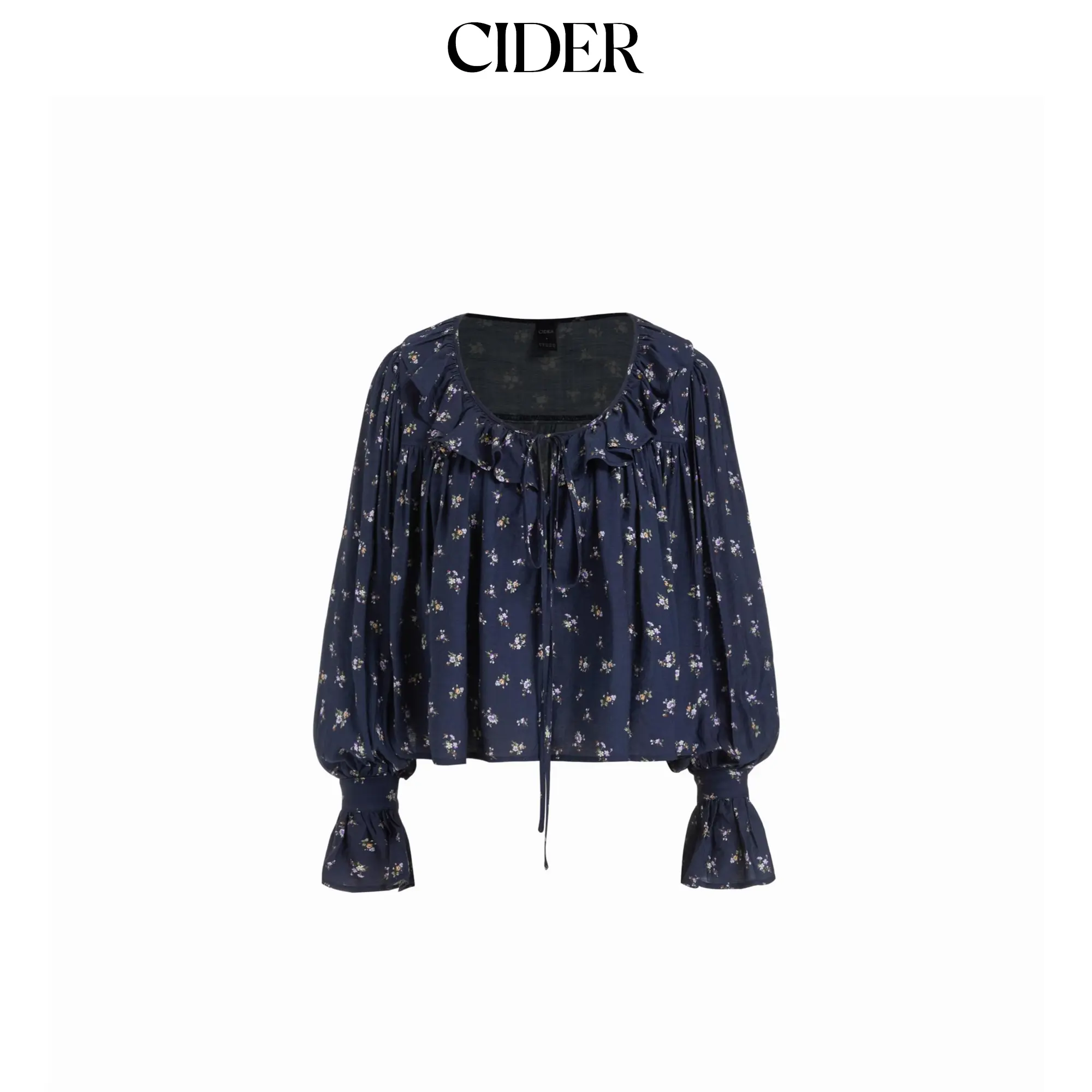 Cider Floral Ruffle Ruched Tie Front Lantern Sleeve Oversized Blouse