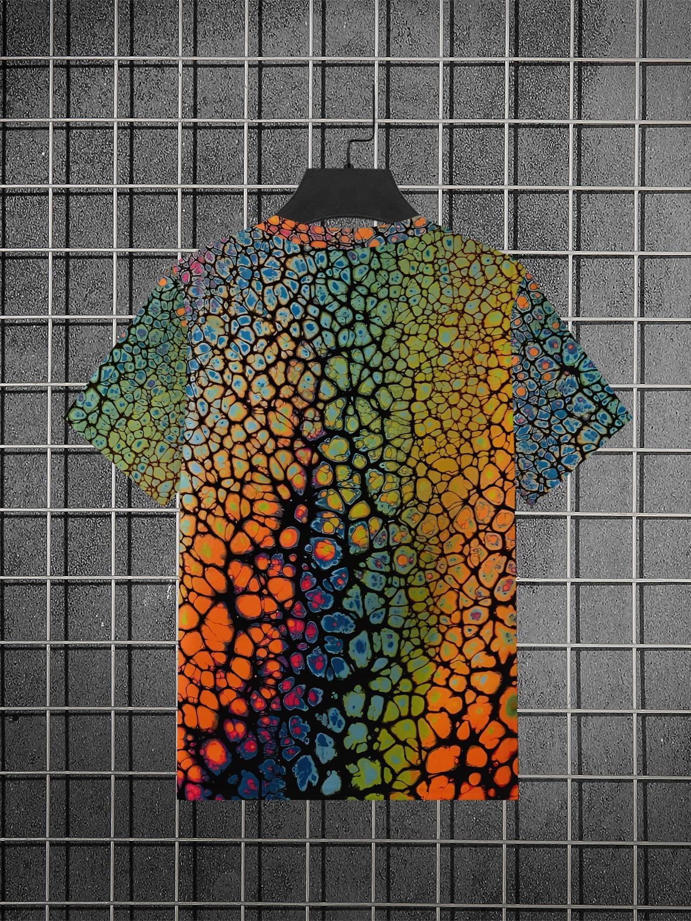 Rainbow Crackle Print Men's Short Sleeve T-Shirt, Fashion Casual Loose-Fit Top, Multicolor Geometric Pattern Design, Trendy Summer Wear