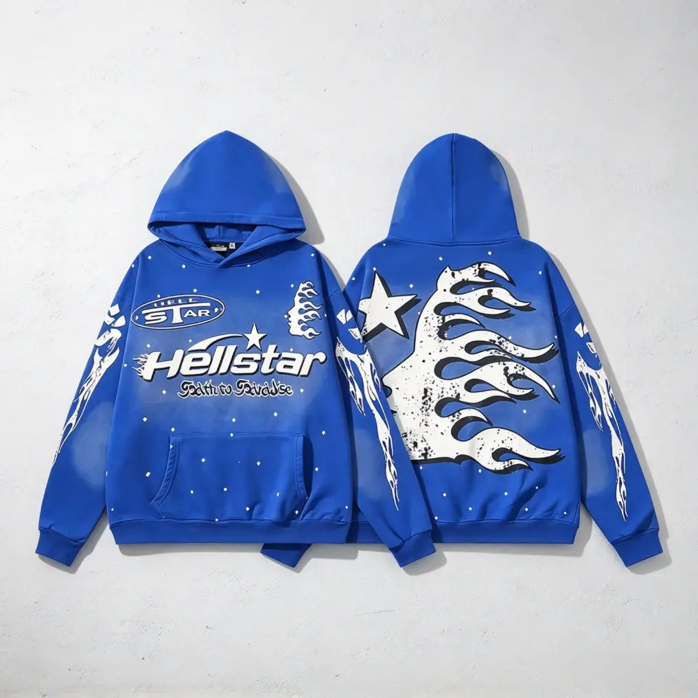 HELLSTAR Y2K Washed Blue Graphic Hoodie, Paint Splatter Flaming Face Pullover Sweatshirt, Vintage Streetwear Casual Hoodie for Men