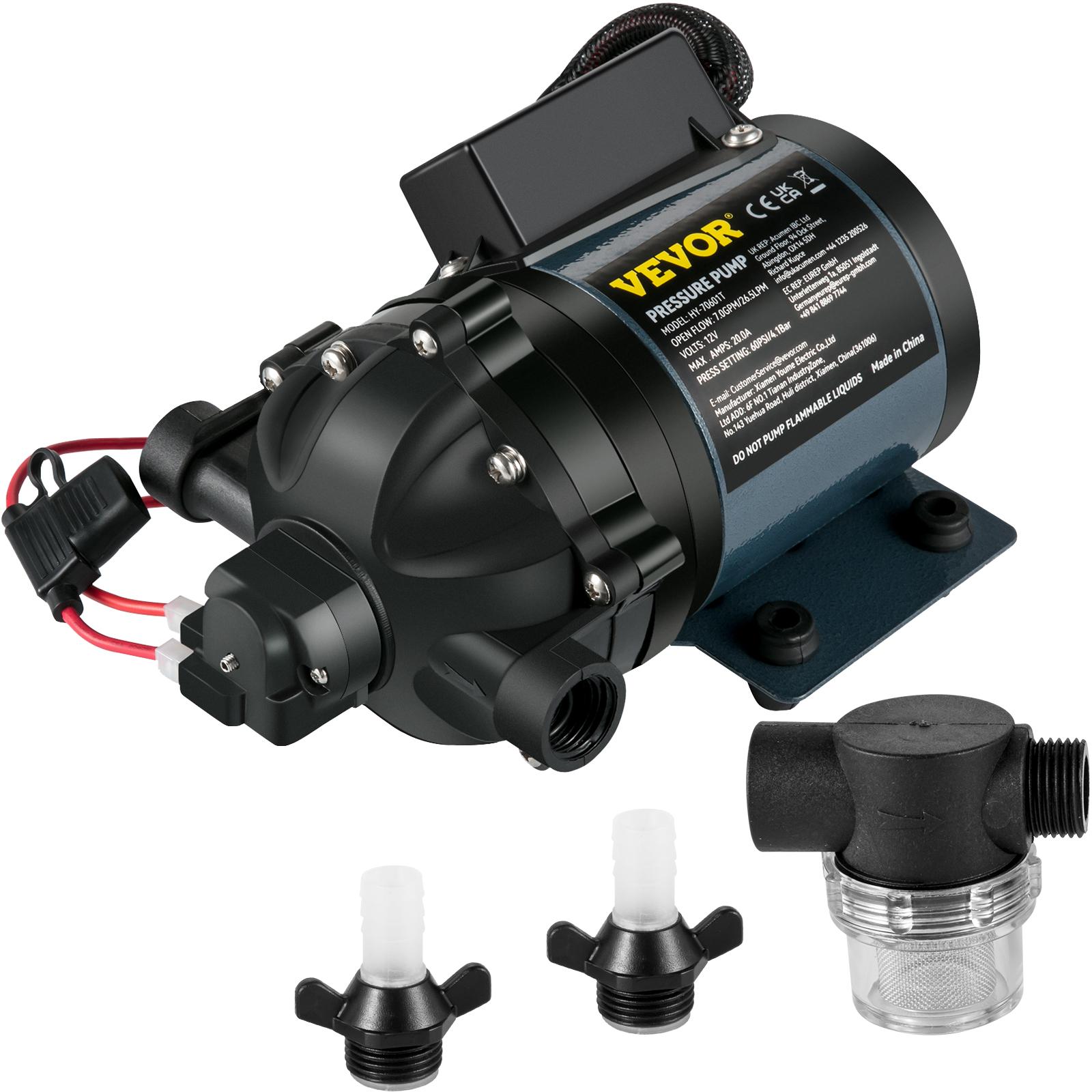 VEVOR Washdown Pump, 12V DC, 7 GPM 60 PSI, Max. 10 FT Lift Self Priming Water Pump, with EPDM Valve, Universal Salt Water Strainer Female/Male Thread, for RV, Marine Deck, Yacht