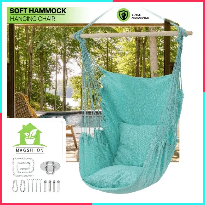 Hammock Chair Hanging Rope Swing with 2 Cushions, Boho Macrame Hanging Chair Max 350 lbs Capacity with Pocket, Hardware Kit Included
