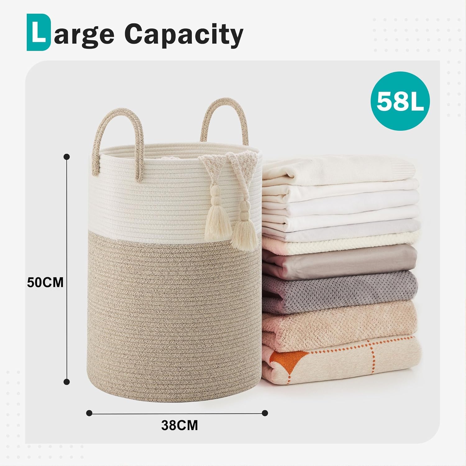 Rope Laundry Basket by , 58L Woven Collapsible Laundry Hamper, Clothes Hamper with Reinforced Handles in the Laundry Room, Bedroom, Bathroom, Brown