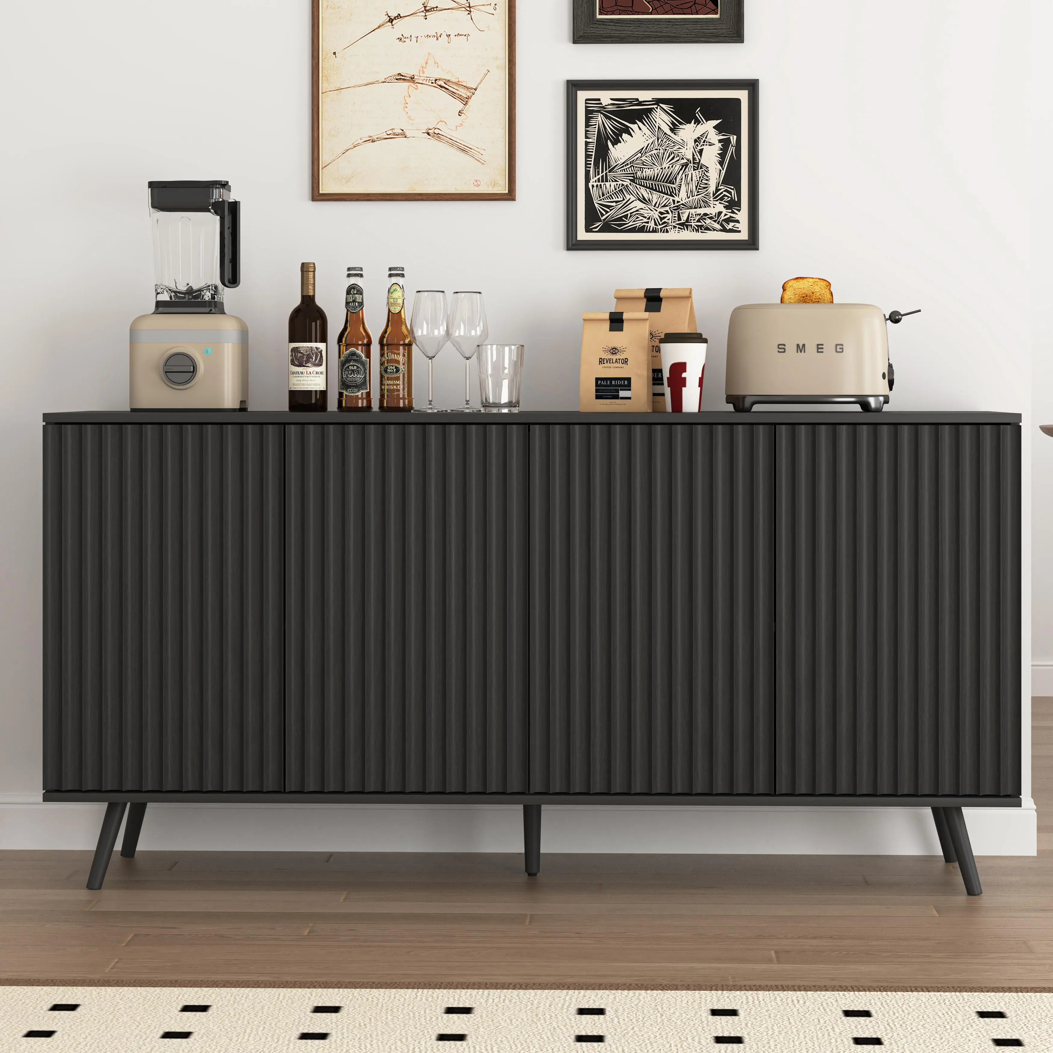 Black 4-Door Wood Sideboard Buffet Cabinet with Adjustable Shelves, 59.1 Inch Long Storage Credenza for Dining Room, Kitchen, or Entryway