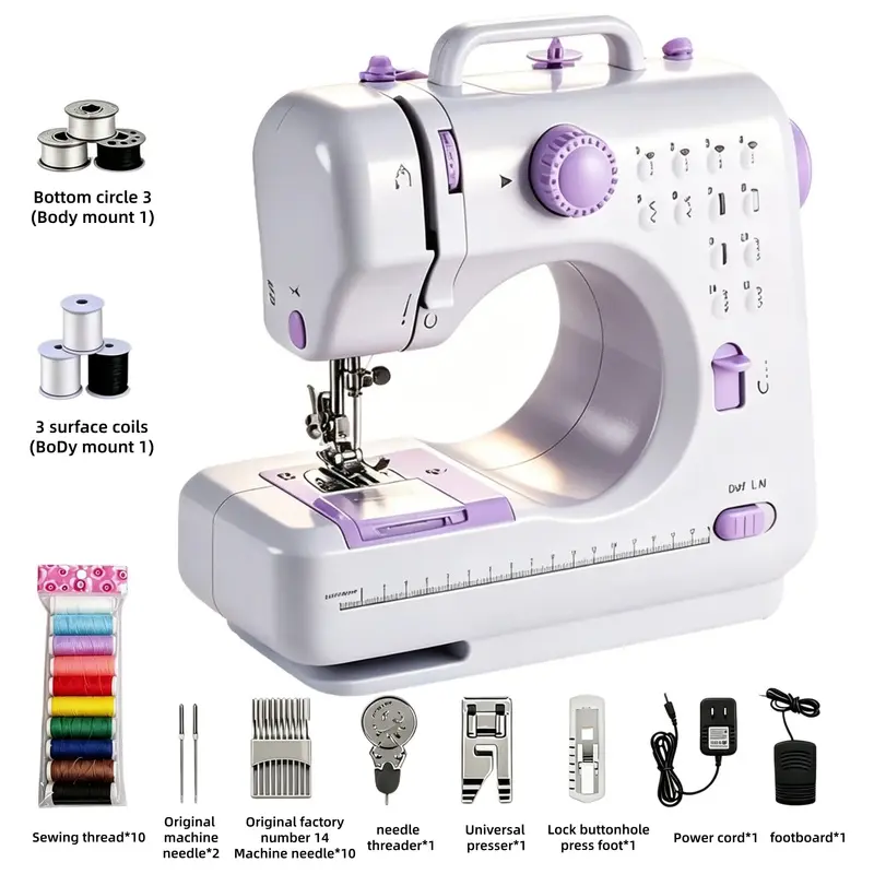 Portable Electric Sewing Machine for Beginners, 12 Built‑in Stitches, 2‑Speed Adjustable with Reverse Sewing, LED Light, Foot Pedal, Comes With Complete Sewing Accessories, Household DIY Craft Clothes Mending Sewing Tool, School, Mother's Day Gift, Crafts