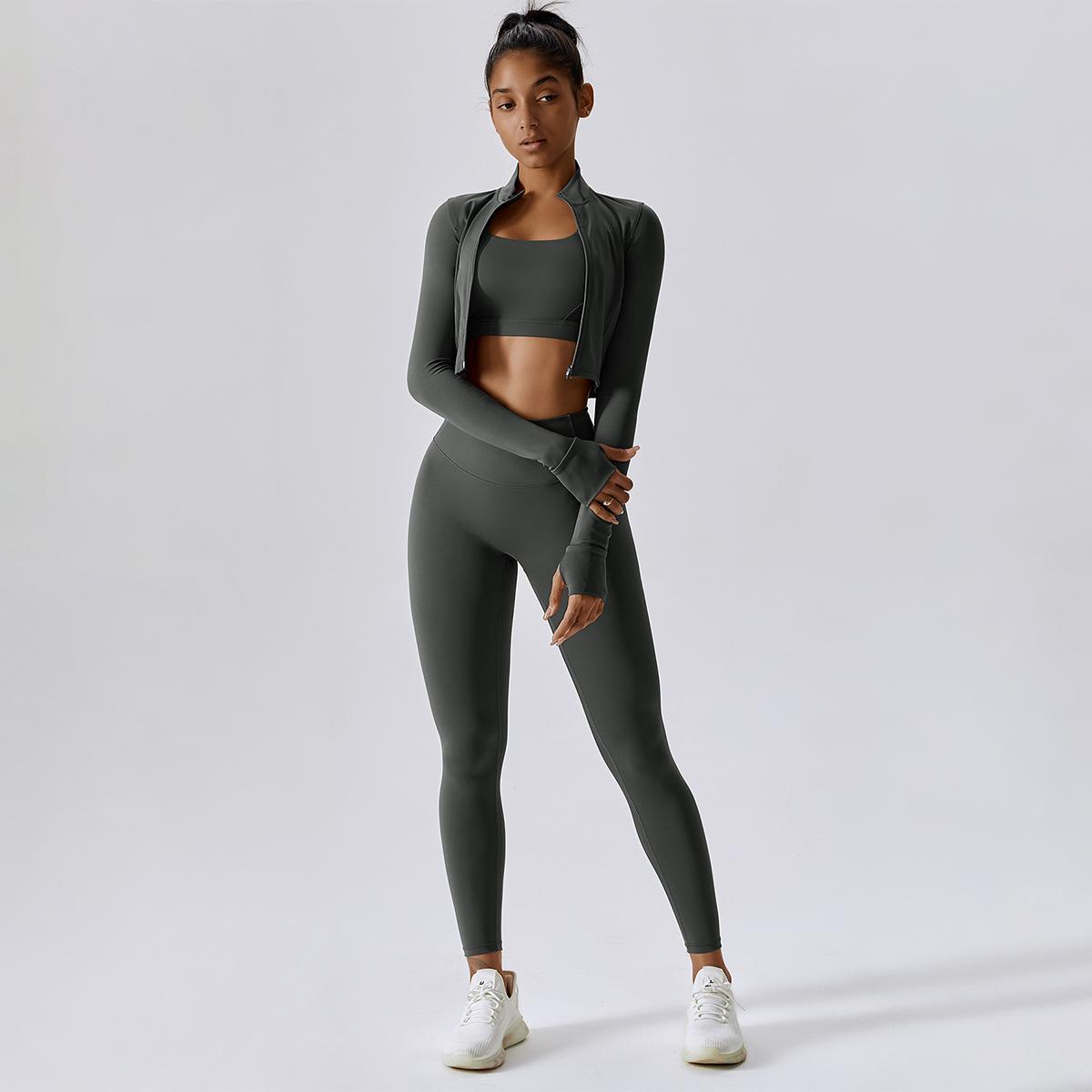 MASKERT Women's Two Piece Set High Waist Tight Fitting Leggings & Zip Up Crop Jacket Workout Activewear for Gym & Casual Wear SpringStatements