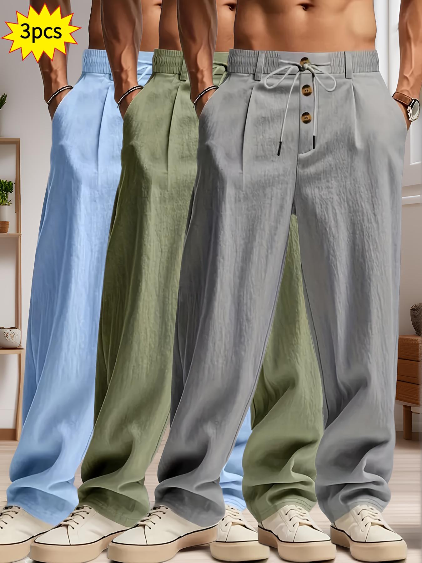 3 pieces of men's summer plain-color simple linen casual straight-leg trousers, Casual Solid Drawstring, beach-friendly lightweight breathable linen trousers, suitable for daily commuting and outdoor activities, vacations, beaches, Casual Fashion Pockets