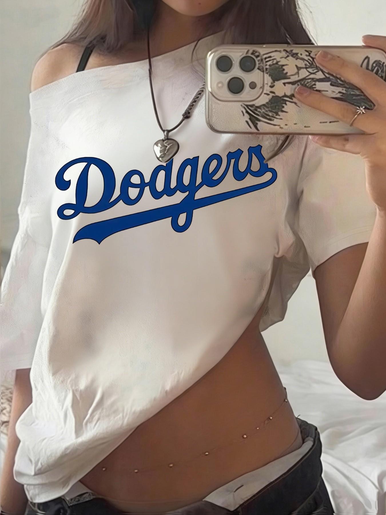 American Style Dodgers Letter Print Asymmetrical Neck Off-Shoulder Short Sleeve T-Shirt, Women's Summer Casual Streetwear Top