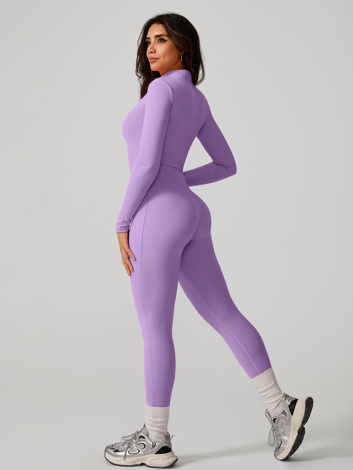 Women's Sporty Tight-Fit Long Sleeve Workout Jumpsuit, Plain Pattern, Fleece Lined, Half-Zipper Design, Fall & Winter Yoga Gym