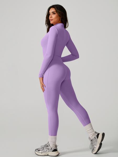 Women's Sporty Tight-Fit Long Sleeve Workout Jumpsuit, Plain Pattern, Fleece Lined, Half-Zipper Design, Fall & Winter Yoga Gym