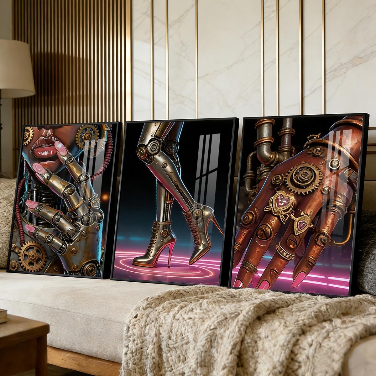 3 Counts Aluminum Alloy Framed Painting, Futuristic Cyberpunk Robot Art Pictures, Home Decoration For Living Room, Bedroom, Office, Restaurant, Hallway Wall Decor, Odorless Print Artwork, Luxury Perfect Gift For Friends And Family