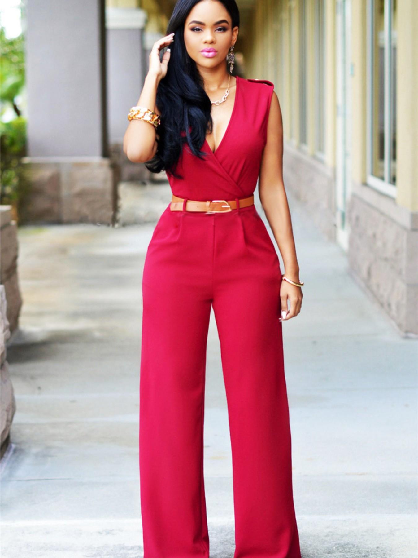 Sexy Pocket Women's Clothing, High Waisted V-Neck Wide Leg Pants, Irregular Jumpsuit with Belt, European and American Style Womenswear