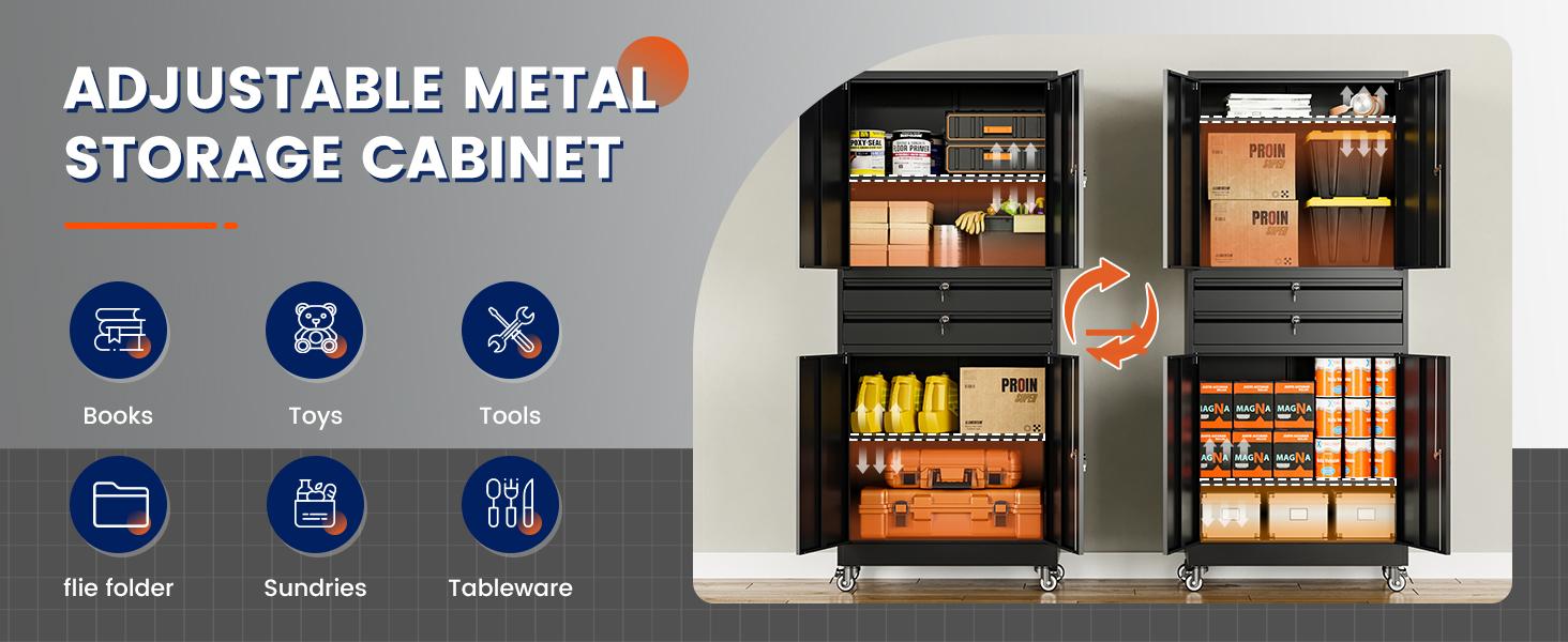 Yizosh Metal Garage Storage Cabinet with Locking Doors and Adjustable Shelves, 71" Tool Storage Cabinet with 2 Drawer for Garage,Warehouse