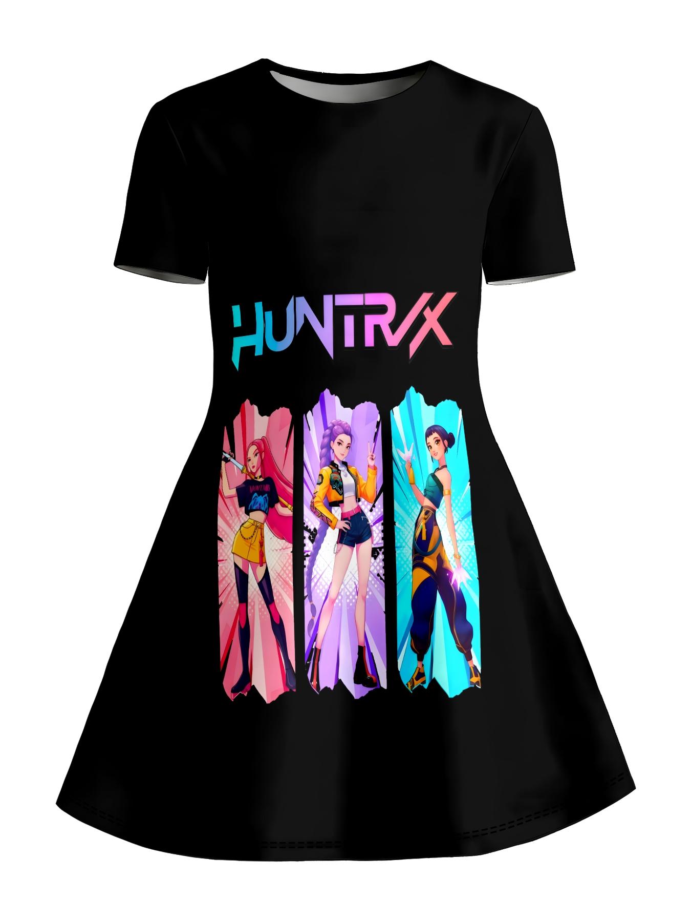 Trendy Idol Style Cartoon Girl Print Kids Dress, Girls Summer Short Sleeve Pleated Skirt, Baby Personalized Versatile Dress