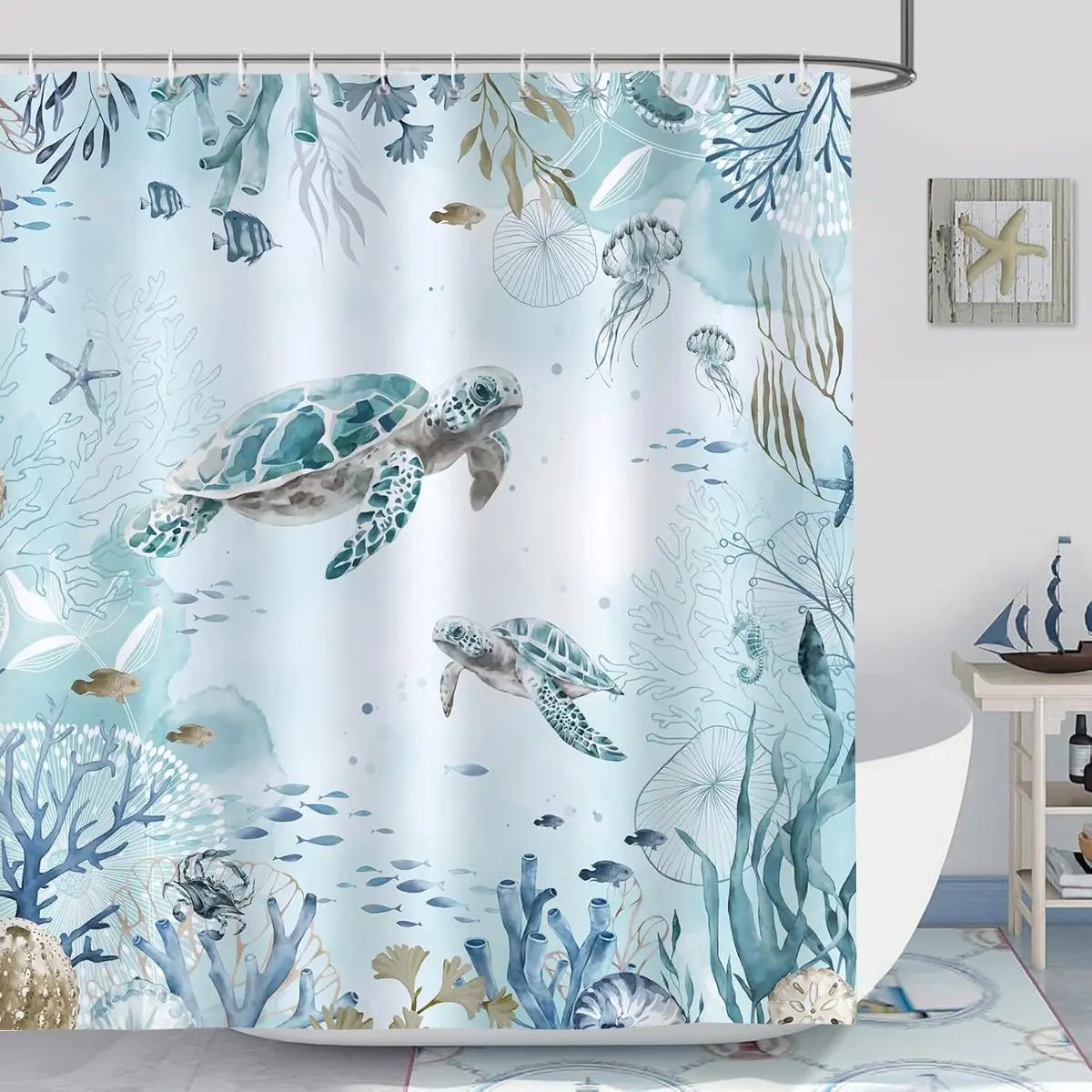 Sea Turtle Ocean Shower Curtain, Teal Blue Coastal Beach Bathroom Curtain, Underwater Marine Life Decorative Bath Curtain for Home Bathroom