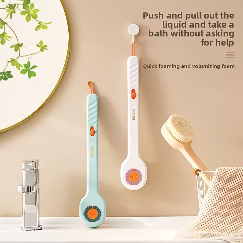 Liquid-Filled Long Handle Bath Brush With Soft Bristles, Body Wash Dispenser Back Scrubber, Multi-Purpose Shower Exfoliating Tool For Full Body Cleaning & Dead Skin Removal, Bathroom Supplies, Bathroom Essentials