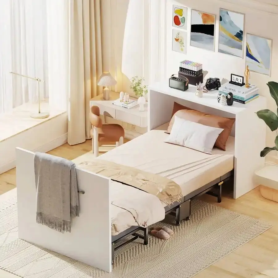 Vertical Space-Saver 2-in-1 Murphy Bed with Pull-Out Mechanism - Wood Frame Dresser Chest, Includes Mattress & Bed Handle, for Small Office Napping, Requires Assembly