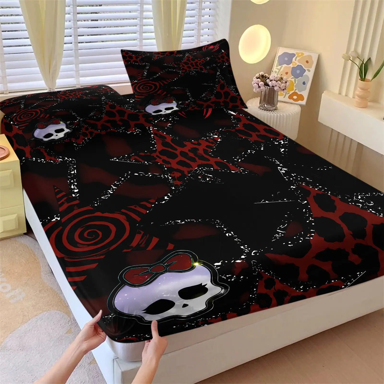 Black Red Leopard Glitter Star Bow Skull & Spider Fitted Sheet Set & 2 Pillowcases, Glitter Star Spiral Red Spider Print, Comfortable Deep Pocket Bedding, Dark Sweet Cool Youth Bedroom Halloween Theme Room Decor, Bedding Sheets