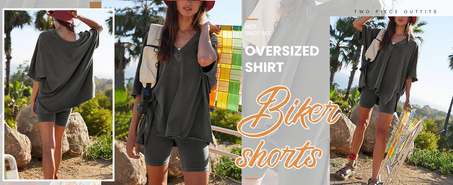 SCUSTY Women's Two Piece set Oversized V Neck T Shirt Biker Short Summer Outfits Hot Shot Reversible Sets