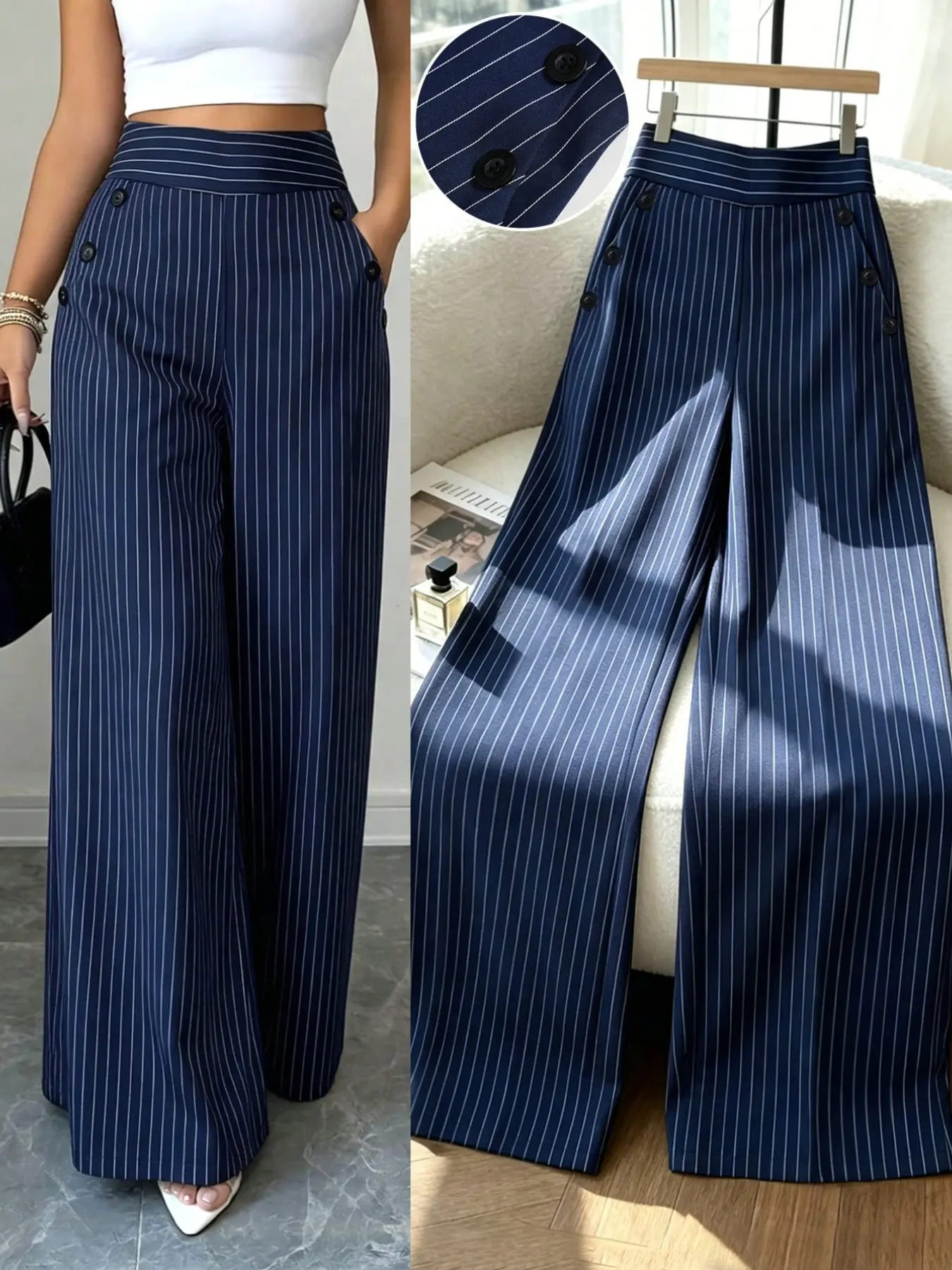 New Korean Style Spring Summer High Waist Blue Striped Pants, Elegant Straight Leg Trousers for Women, Casual Daily Wear
