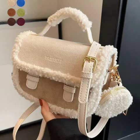 Fall&Winter Women's fluffy suede handbag, casual versatile solid color shoulder bag with coin purse, fashionable and high-quality daily commuter bag, fashion bag