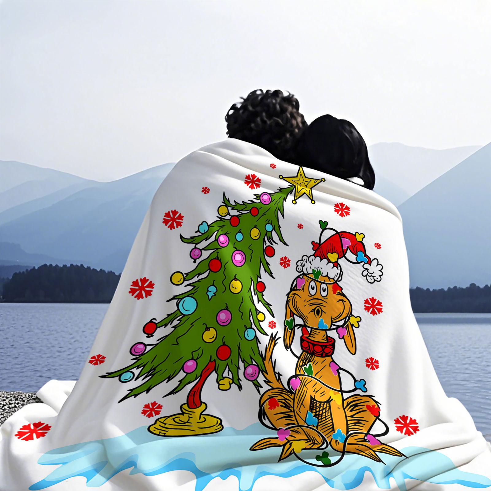 Christmas Theme Flannel Sofa Bed Blanket, Christmas Tree and Dog Grinch Pattern Plush Cover, Soft Smooth Thick Dense, Suitable for Who Love Christmas and Childlike Whimsy, Perfect Gift Choice or Self Use