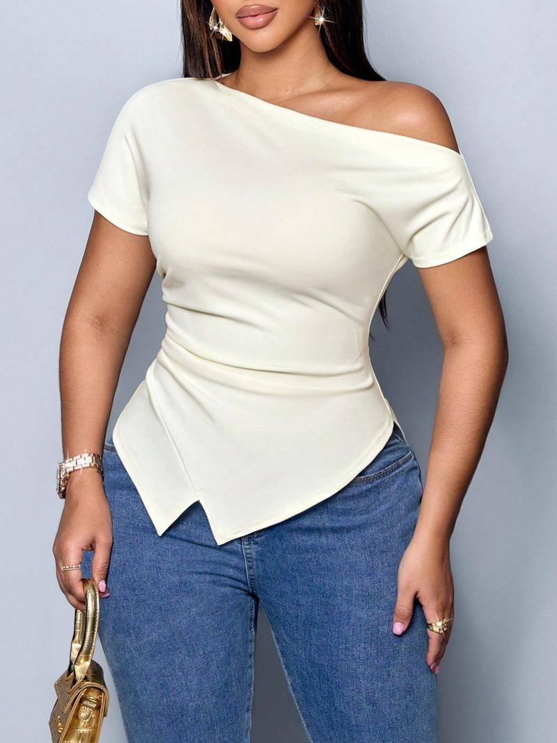 Plus Size Women's Casual Ombre Asymmetrical Hem Short Sleeve Top Blouse, Fitted Drop Shoulder Design, Perfect for Fall Season, Daily Wear &