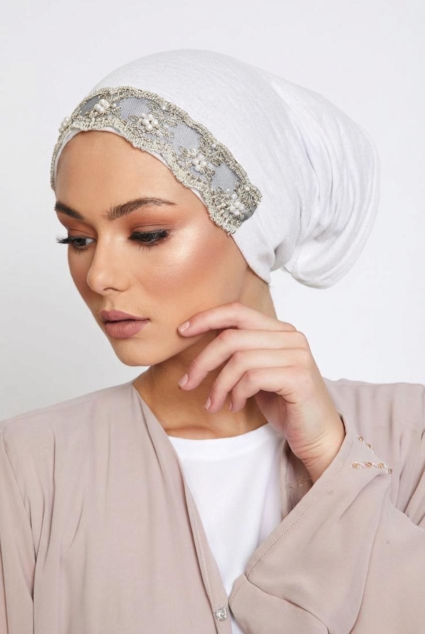 Luxurious Jersey Modal Hijab Inner Cap, Beaded Lace Muslim Hat, Elastic Comfortable Sleep Cap, Ramadan Fashion Decoration Hat, Turban Hijab