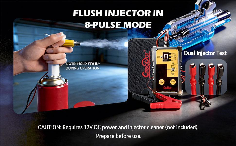Creator Fuel Injector Testing and Cleaning Tool Kit, 8 Pulse Modes, 4-Wire Dual-Channel Simultaneous Testing, 8 Adapter Sizes, 12V/5V Output for DIY Auto Repair