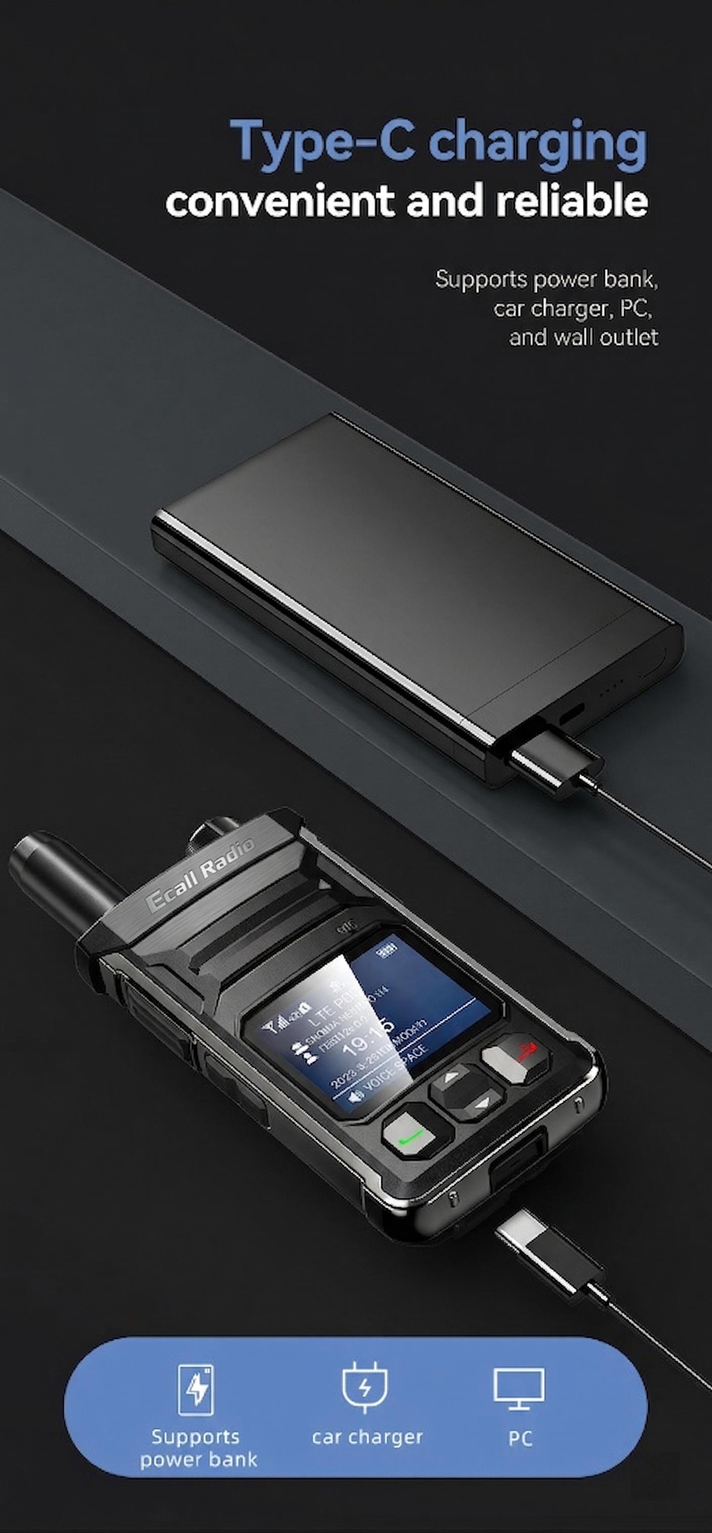 EcallRadio T6 4G LTE PoC Walkie Talkie - Unlimited Range Real-time Communication Device with 2000mAh Long Battery Life. Global Two Way Radio for Security, Fleet, Construction & Outdoor Camping Hiking. Best Handheld Intercom with Type-C Charging